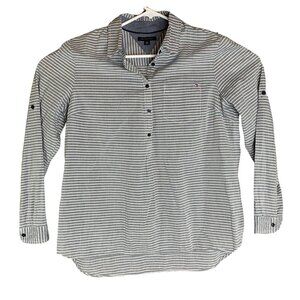 Tommy Hilfiger Gray & White Striped  3/4 Button Up Long Sleeve Button-Up Blouse